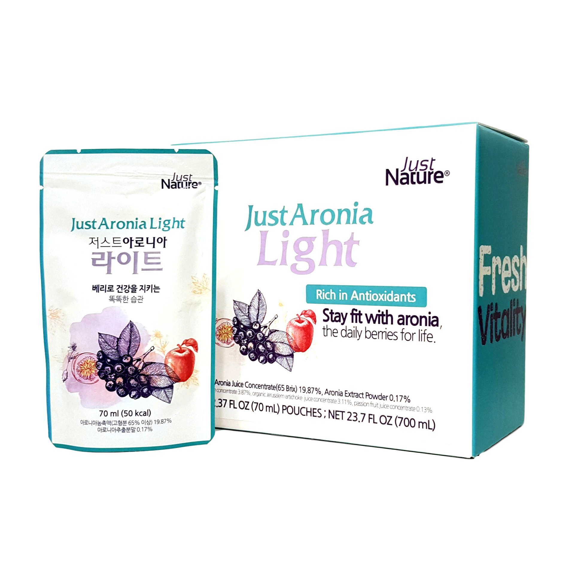 Tasty Daily Aronia Juice JustAronia Light Single Pack, 10Pouches of 2.37 Fl Oz (70ml)